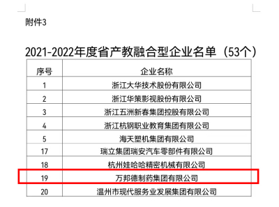 产教融合，校企合作 | 万邦德制药集团成功入选“2021—2022年度浙江省产教融合型企业”名单！